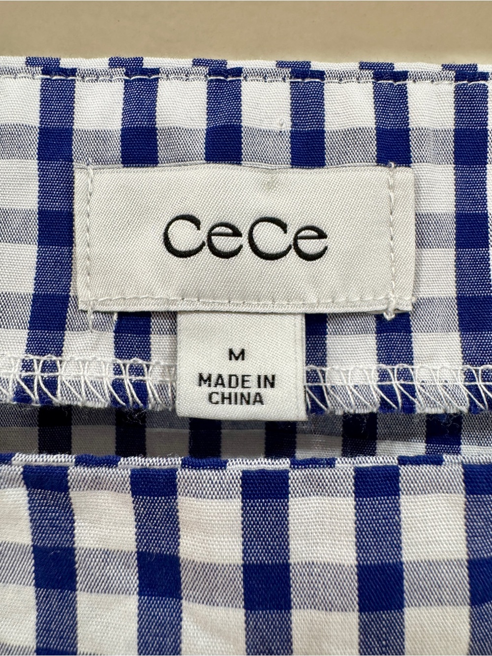 CeCe Blue White Gingham Puff Sleeve Cotton Blouse Square Neck Top M - Picture 3 of 7